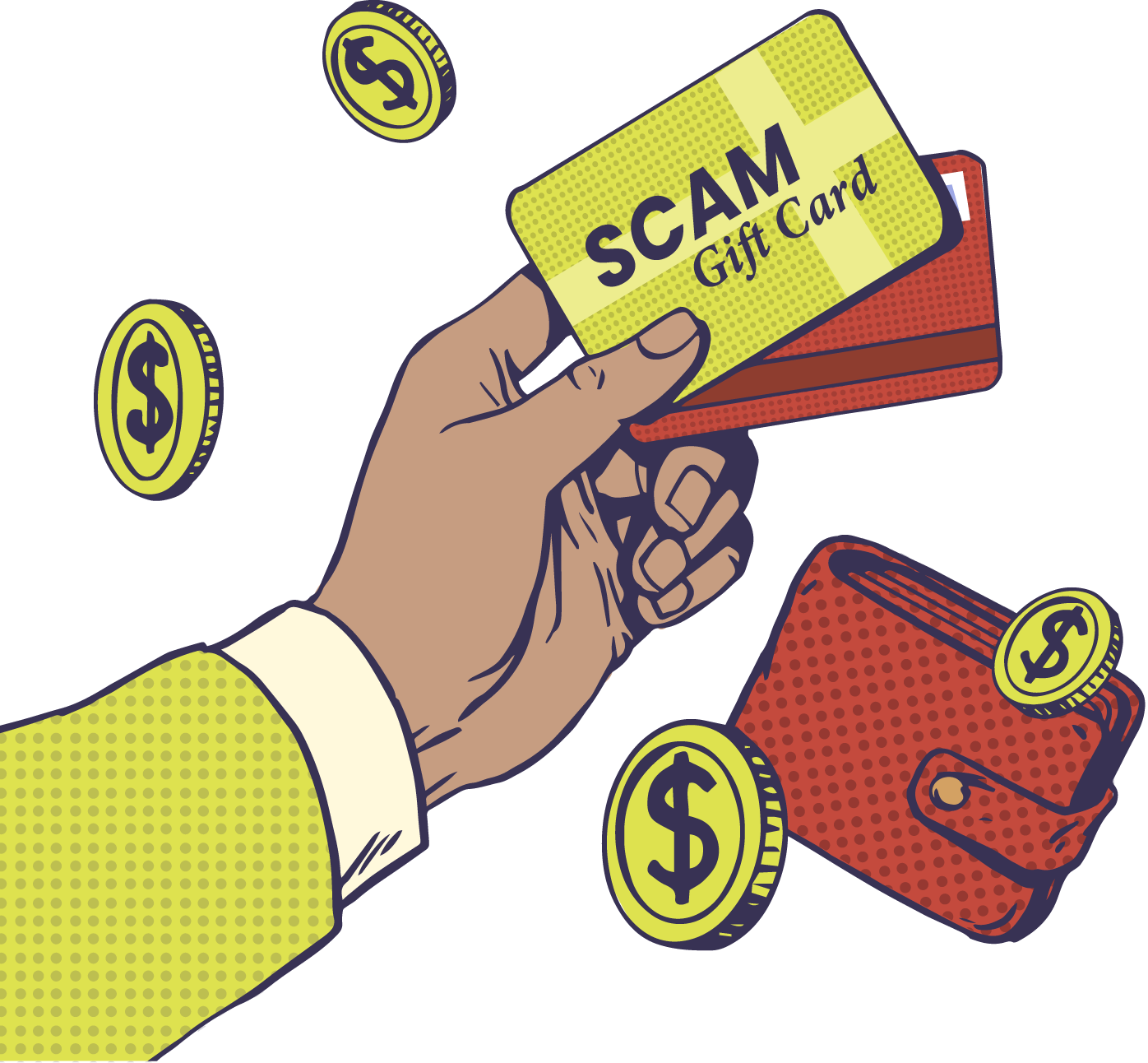 Yellow and red comic-style halftone graphic of hand and wallet with a gift card scam.