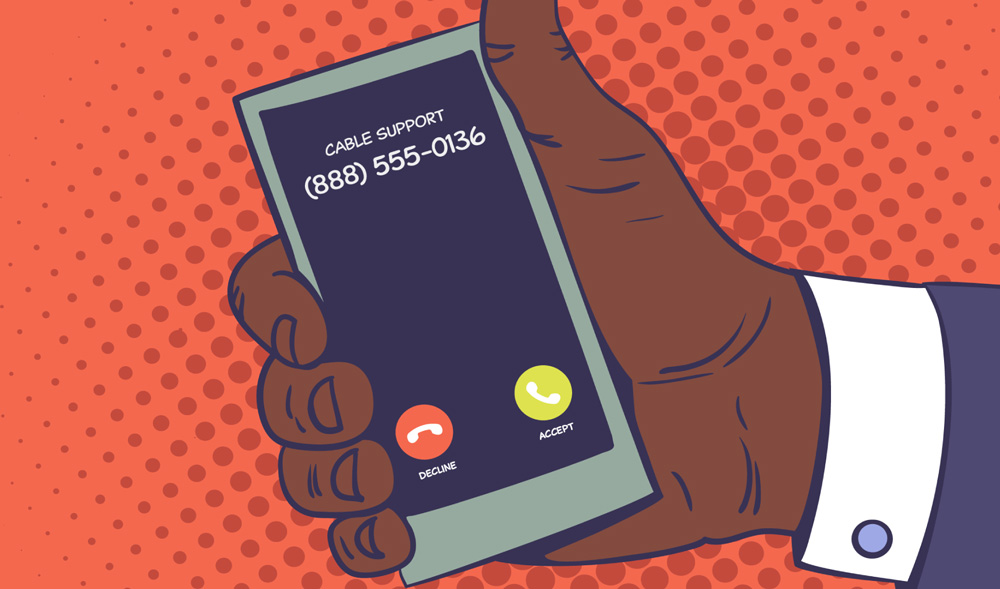 Red and purple comic-style halftone graphic of hand holding cell phone with unknown caller.