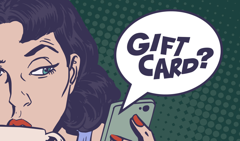Green and purple comic-style halftone graphic of woman holding cell phone with suspicious gift card offers.