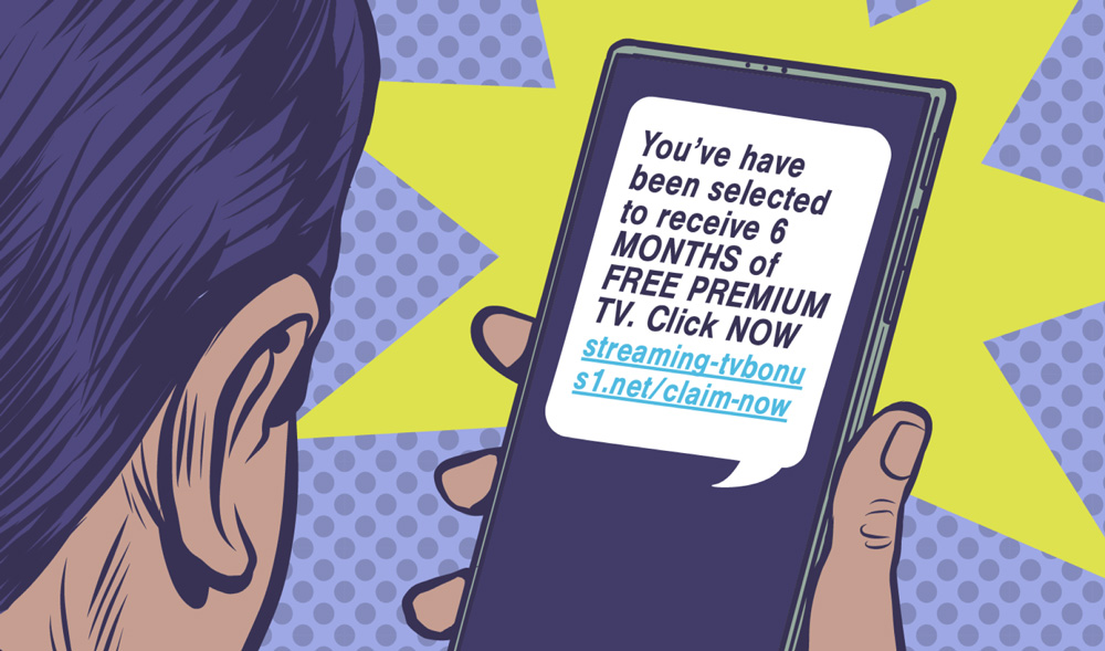 Yellow and purple comic-style halftone graphic of man holding cell phone with scam links.
