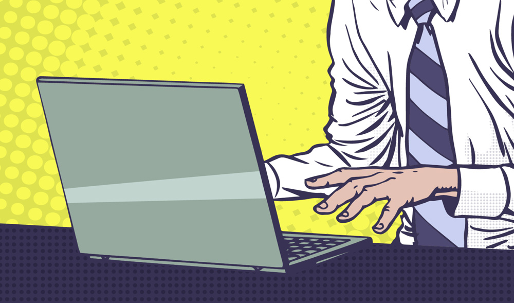 Yellow comic-style halftone graphic of man typing on laptop.